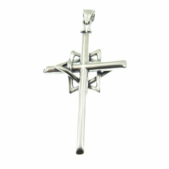Solid 925 Sterling Silver Interwoven Star of David on Christian Cross Pendant - Picture 10 of 11